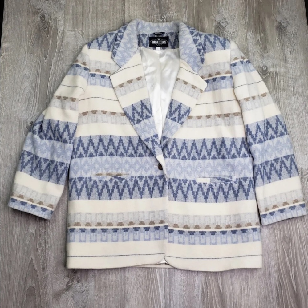 Vintage Braetan Coat Women’s Ivory Blue Aztec Single Button Jacket Size XL